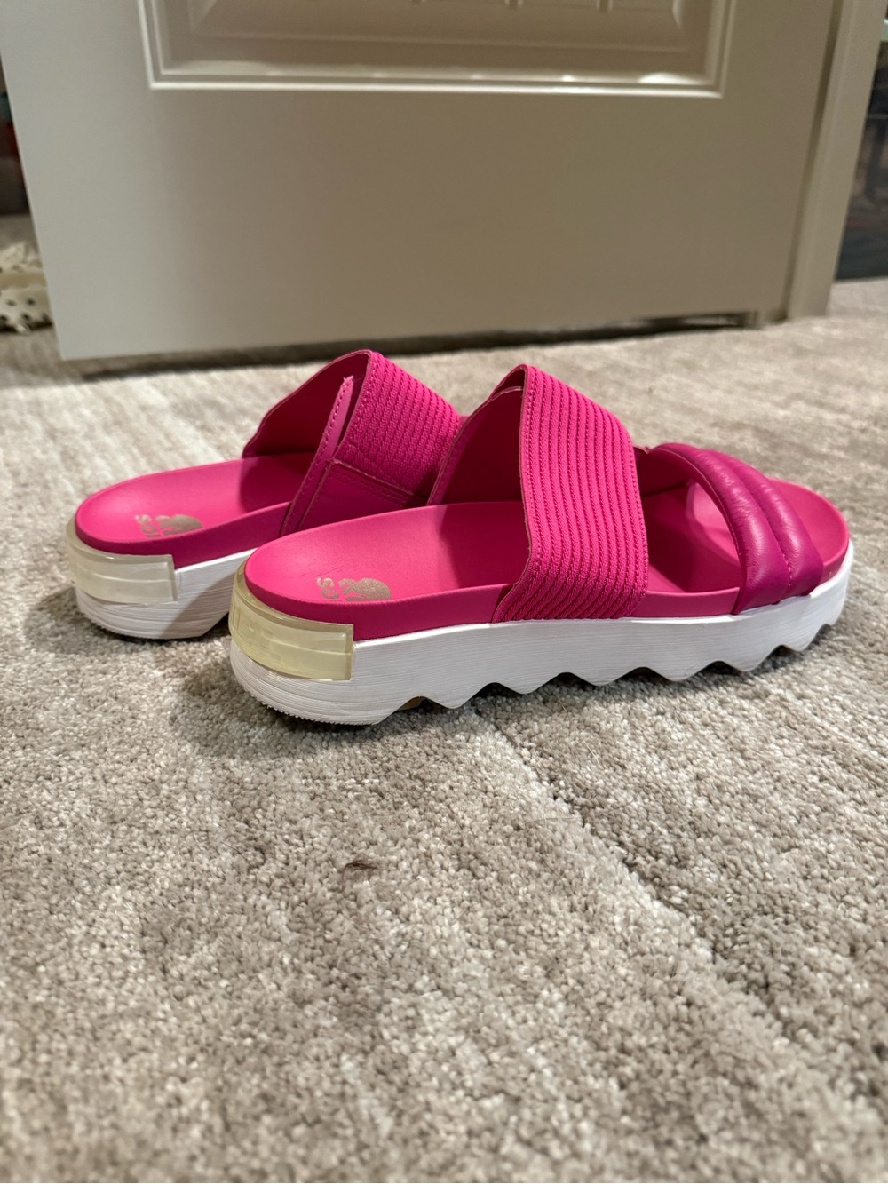 Sorel Hot Pink Slide Sandals with White Platform Sole